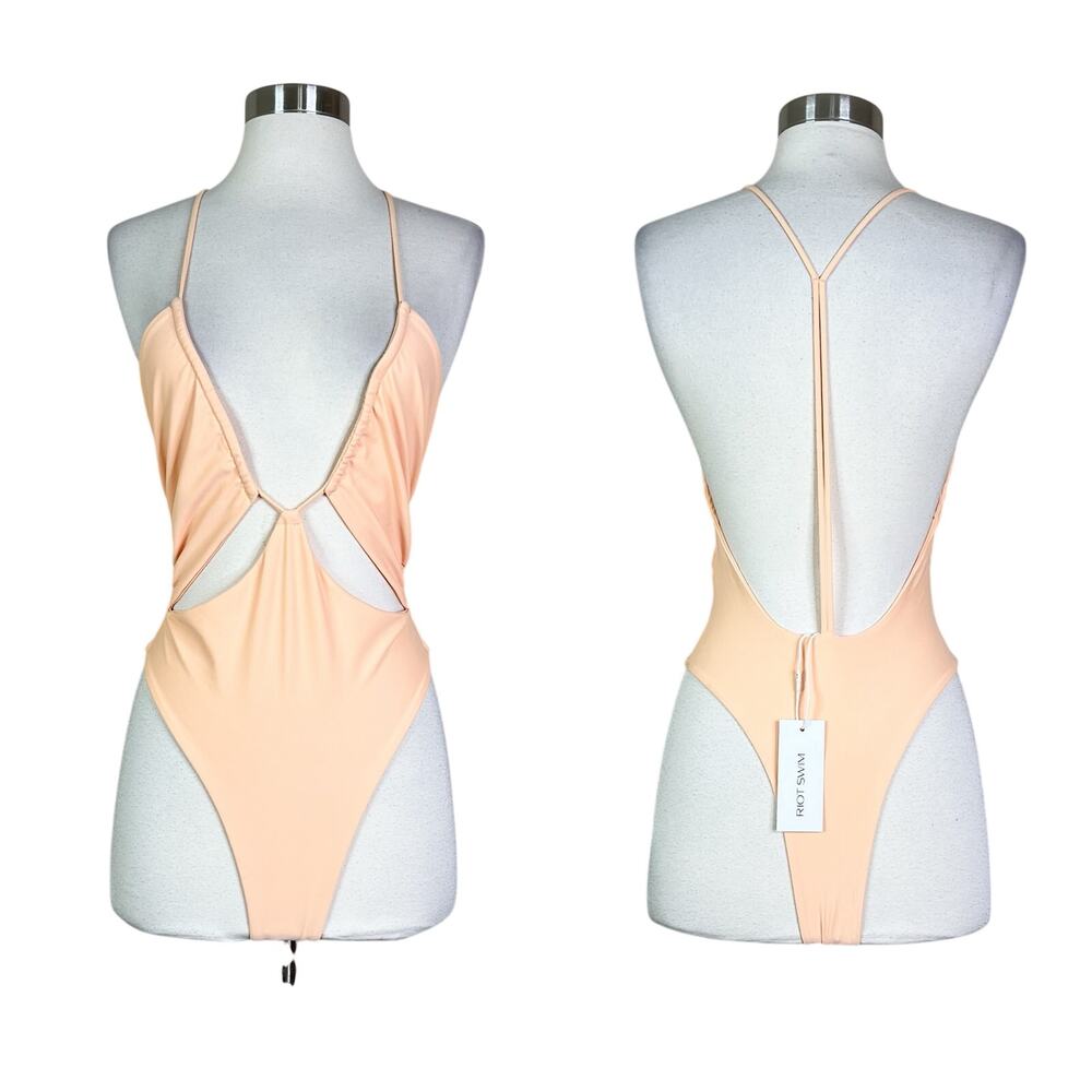NEW Riot Swim | Aperol Pastel Laken Strappy High Cut Peach One Piece Swimsuit M